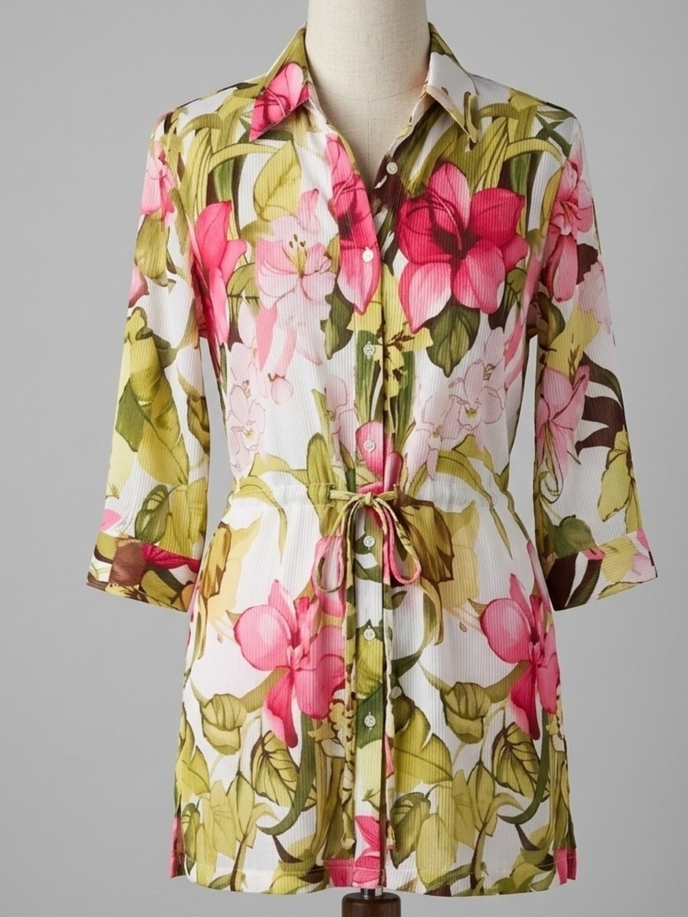 Tommy Bahama Pink & Olive Floral Button-Front Tie-Waist Tunic
